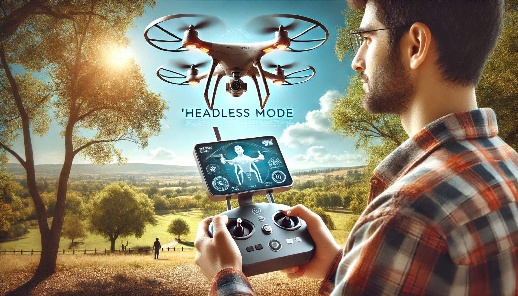 A beginner drone pilot flying a drone with a visible on-screen display showing 'Headless Mode' activated. The drone is mid-air in a scenic park with