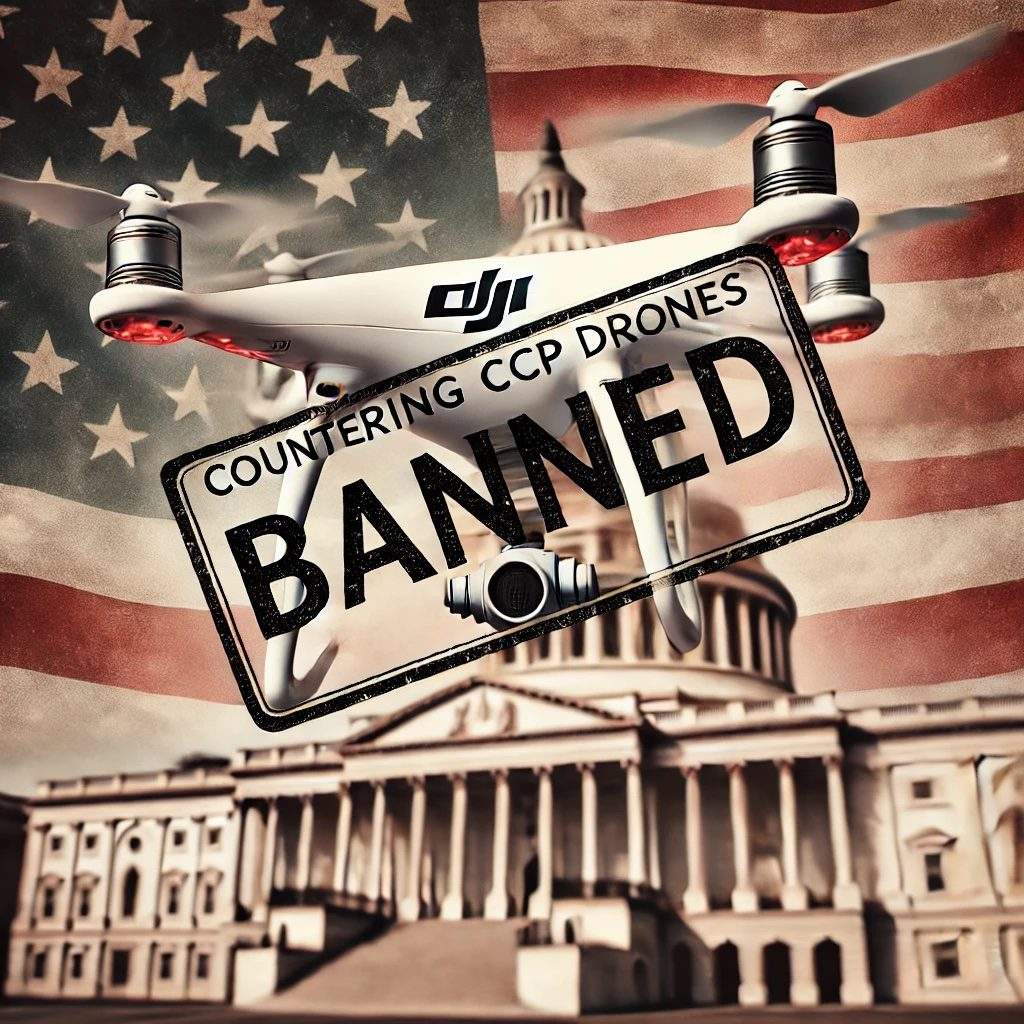 An impactful photo for a blog post about the Countering CCP Drones Act. The image features a DJI drone with a 'banned' stamp overlay. The background